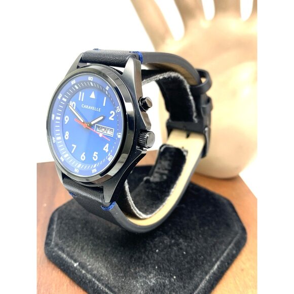 Caravelle by Bulova Men's Watch 45C118 Quartz Blue Dial Black Leather Band 40mm - Picture 2 of 14